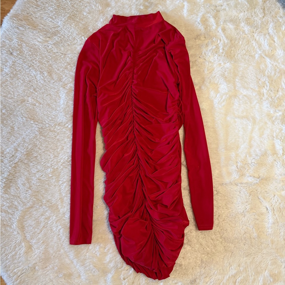 Red High Neck Long Sleeve Dress